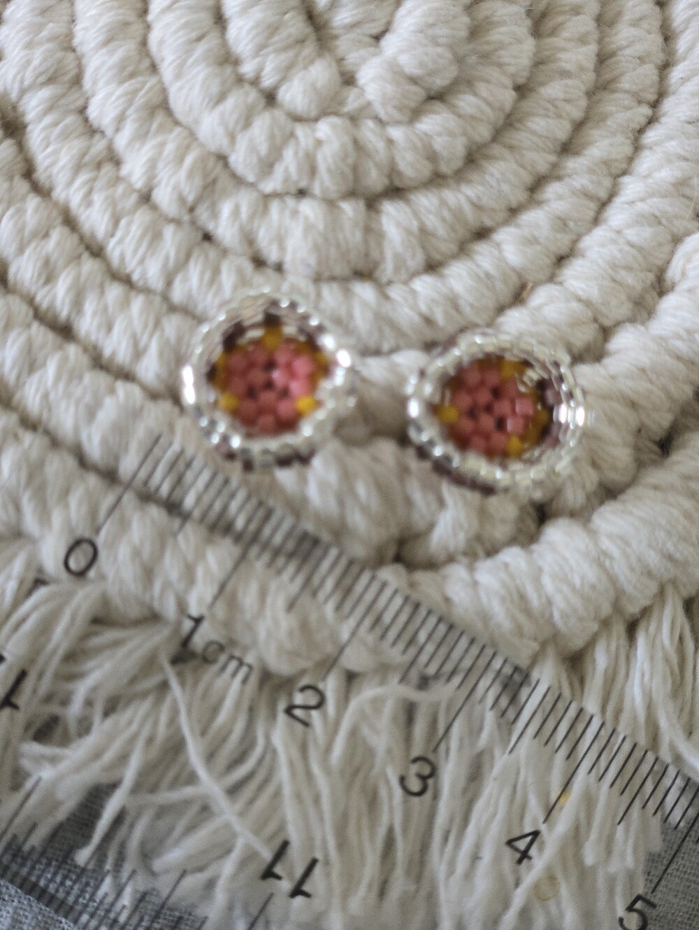 New Handmade Pink & Yellow Beaded Stud Earrings - Picture 5 of 7